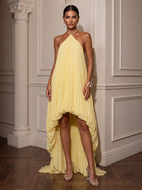 A-Line/Princess Halter Chiffon High-Low Cocktail Dresses with Pleats & Sweep Train