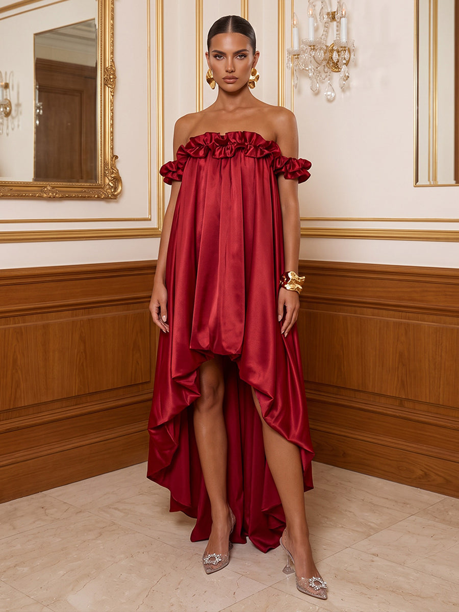 A-Line/Princess Off Shoulder Satin High-Low Cocktail Dresses with Ruffles & Pleats