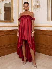 A-Line/Princess Off Shoulder Satin High-Low Cocktail Dresses with Ruffles & Pleats