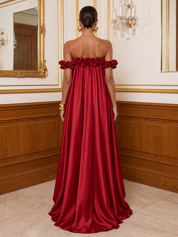 A-Line/Princess Off Shoulder Satin High-Low Cocktail Dresses with Ruffles & Pleats