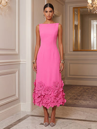Sheath/Column Scoop Neck Stretch Jersey Tea-Length Cocktail Dresses with 3D Flowers