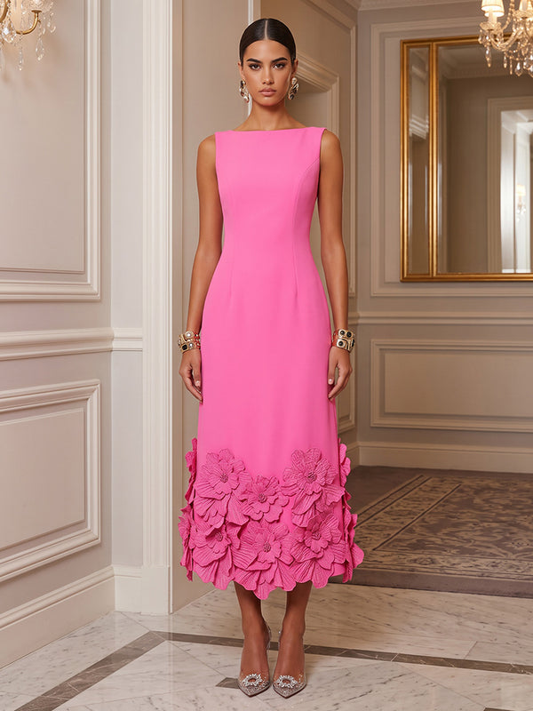 Sheath/Column Scoop Neck Stretch Jersey Tea-Length Cocktail Dresses with 3D Flowers