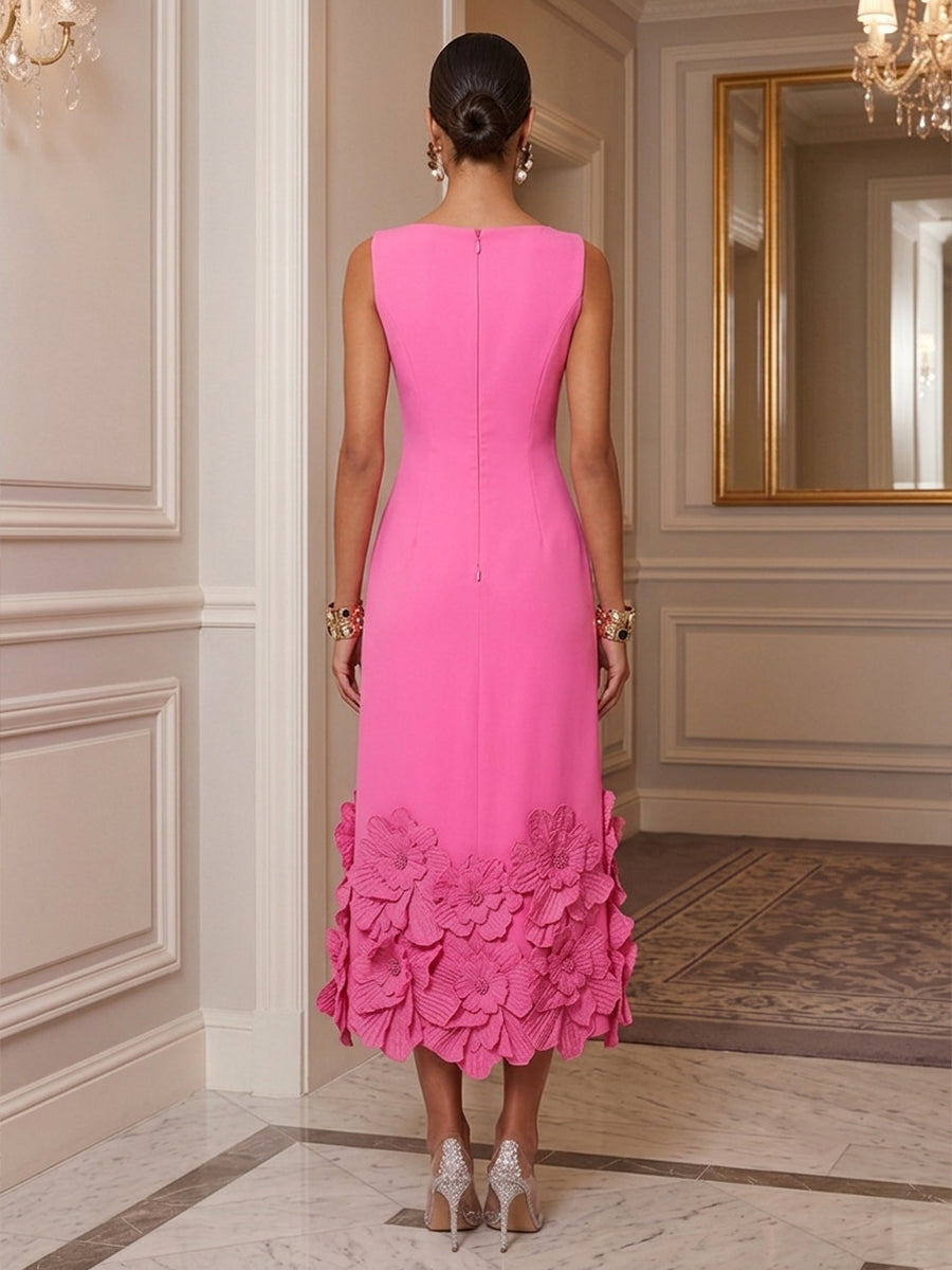 Sheath/Column Scoop Neck Stretch Jersey Tea-Length Cocktail Dresses with 3D Flowers