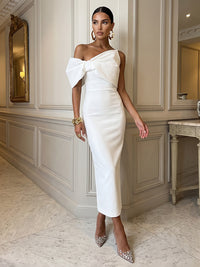 Sheath/Column One Shoulder Stretch Jersey Tea-Length Cocktail Dresses with Bow