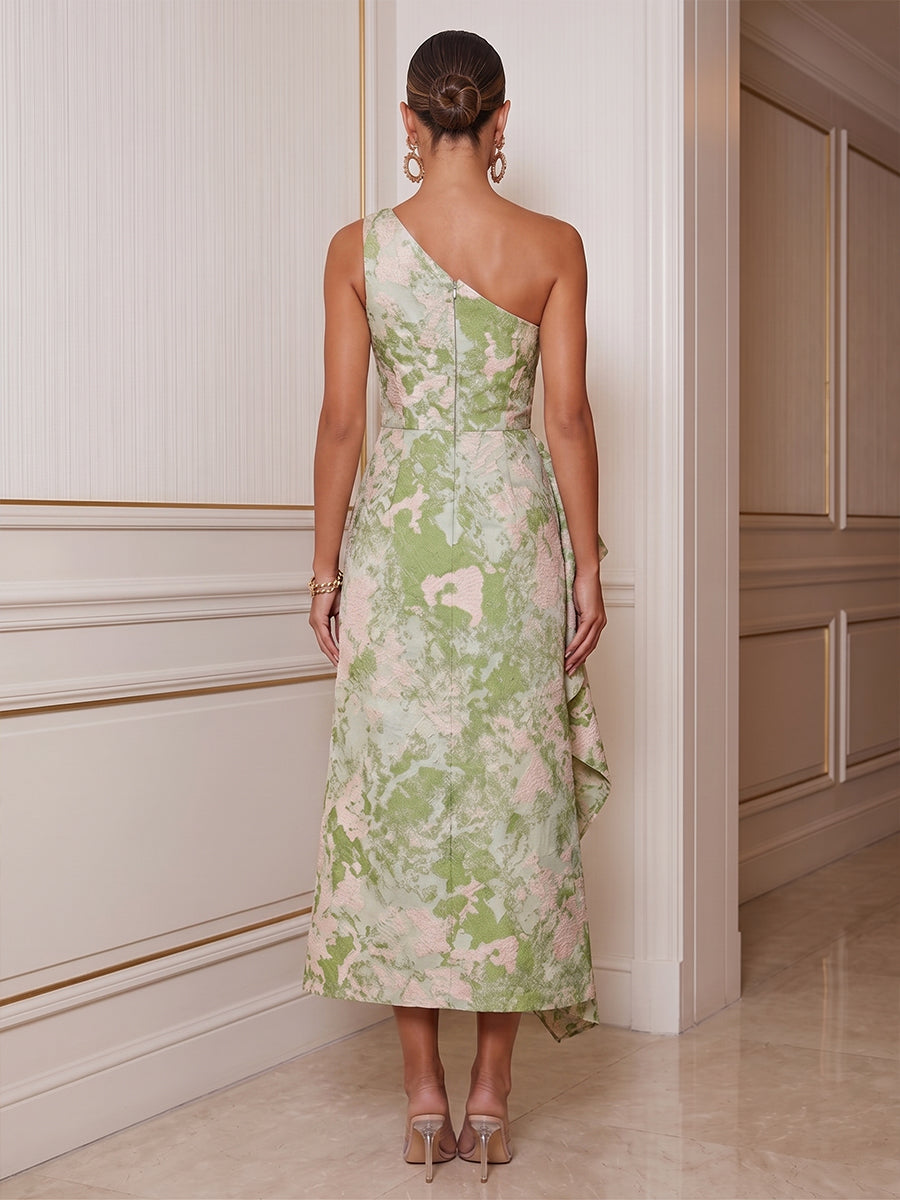 Sheath/Column One Shoulder Jacquard Tea-Length Cocktail Dresses with Ruffles