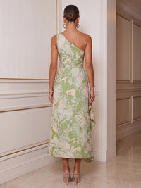 Sheath/Column One Shoulder Jacquard Tea-Length Cocktail Dresses with Ruffles