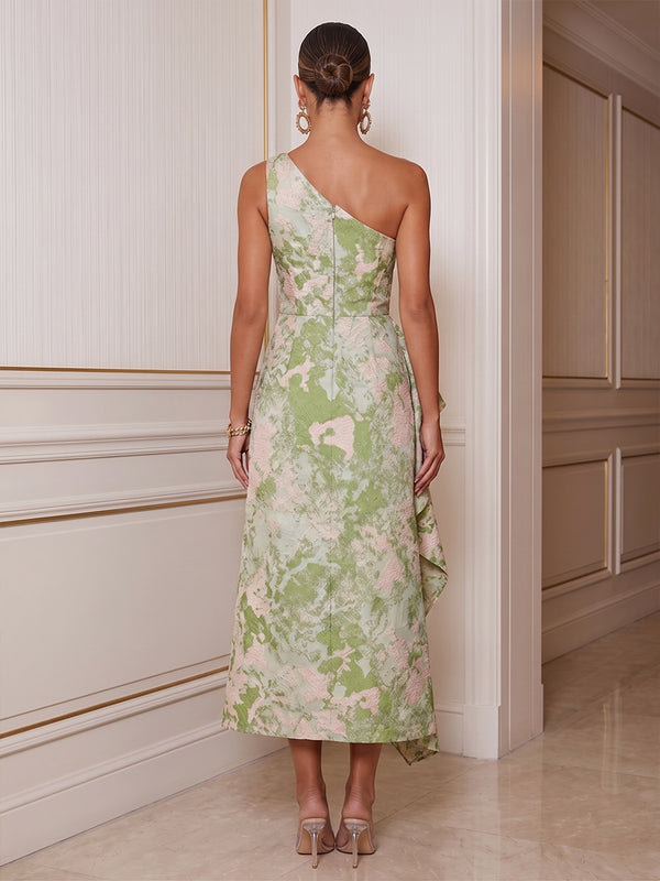 Sheath/Column One Shoulder Jacquard Tea-Length Cocktail Dresses with Ruffles