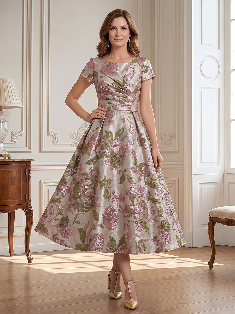 A-Line/Princess Scoop Neck Jacquard Tea-Length Mother of the Bride & Groom Dresses with Ruched Bodice