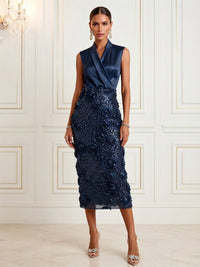 Sheath/Column V-Neck Sequin Tea-Length Cocktail Dresses with 3D Flowers