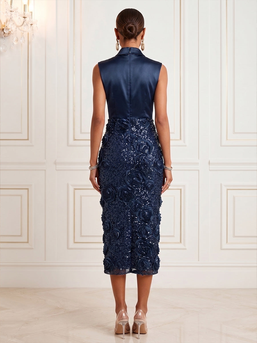 Sheath/Column V-Neck Sequin Tea-Length Cocktail Dresses with 3D Flowers