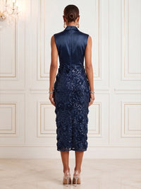 Sheath/Column V-Neck Sequin Tea-Length Cocktail Dresses with 3D Flowers