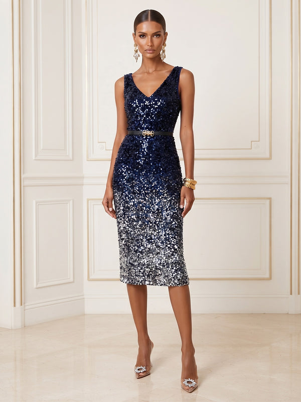 Sheath/Column V-Neck Sequin Tea-Length Cocktail Dresses with Belt