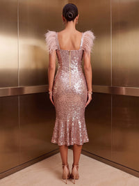Mermaid/Trumpet Square Neck Sequin Tea-Length Cocktail Dresses with Feather Trim