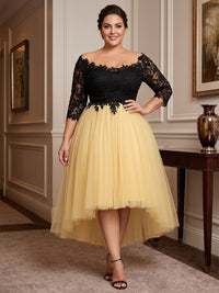 Plus Size A-Line/Princess Off Shoulder Tulle High-Low Cocktail Dresses with Lace Appliques & Pleats
