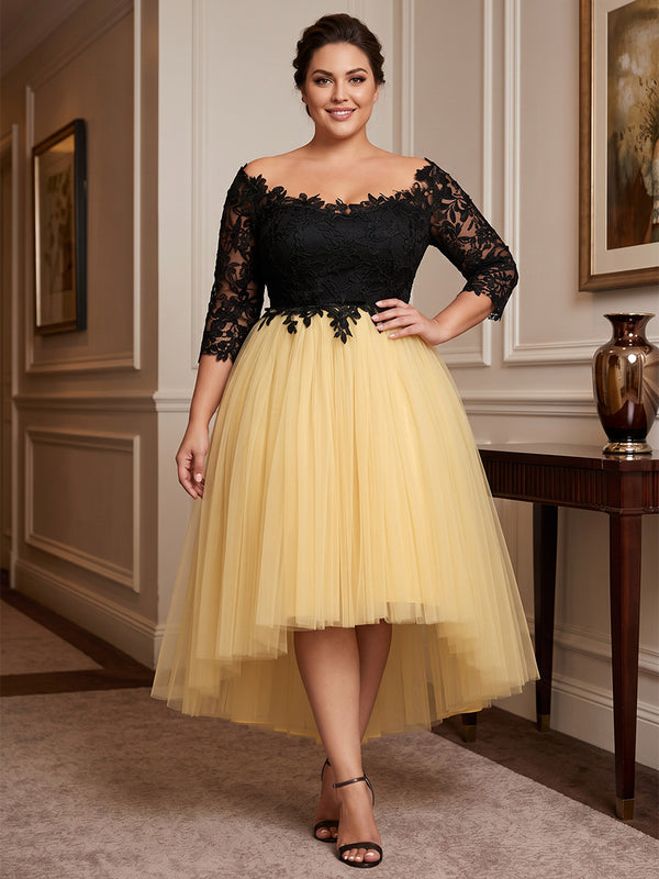 Plus Size A-Line/Princess Off Shoulder Tulle High-Low Cocktail Dresses with Lace Appliques & Pleats