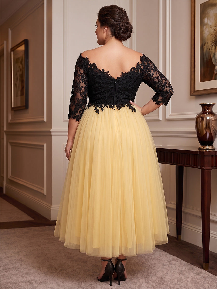 Plus Size A-Line/Princess Off Shoulder Tulle High-Low Cocktail Dresses with Lace Appliques & Pleats