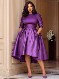 Plus Size A-Line/Princess Scoop Neck Satin Tea-Length Cocktail Dresses with Pleats & Pockets