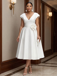 Plus Size A-Line/Princess V-Neck Stretch Jersey Tea-Length Cocktail Dresses with 3D Flowers & Pleats