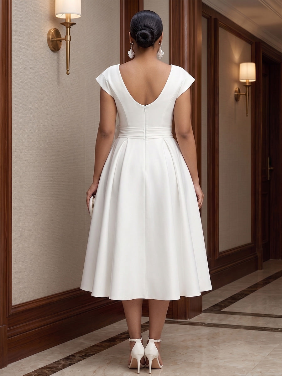 Plus Size A-Line/Princess V-Neck Stretch Jersey Tea-Length Cocktail Dresses with 3D Flowers & Pleats