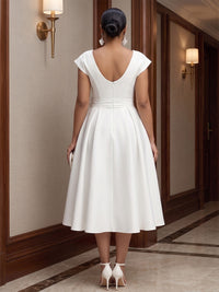 Plus Size A-Line/Princess V-Neck Stretch Jersey Tea-Length Cocktail Dresses with 3D Flowers & Pleats