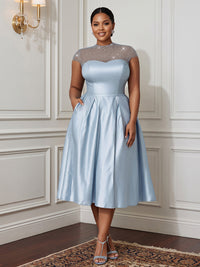 Plus Size A-Line/Princess Scoop Neck Satin Tea-Length Cocktail Dresses with Sequin & Pleats
