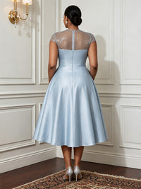 Plus Size A-Line/Princess Scoop Neck Satin Tea-Length Cocktail Dresses with Sequin & Pleats