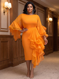 Plus Size Sheath/Column Scoop Neck Chiffon Tea-Length Cocktail Dresses with Tiered Layers & Ruffles