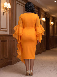 Plus Size Sheath/Column Scoop Neck Chiffon Tea-Length Cocktail Dresses with Tiered Layers & Ruffles