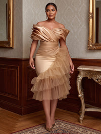 Plus Size A-Line/Princess Off Shoulder Satin Tea-Length Cocktail Dresses with Ruched Bodice, Tiered Layers & Ruffles