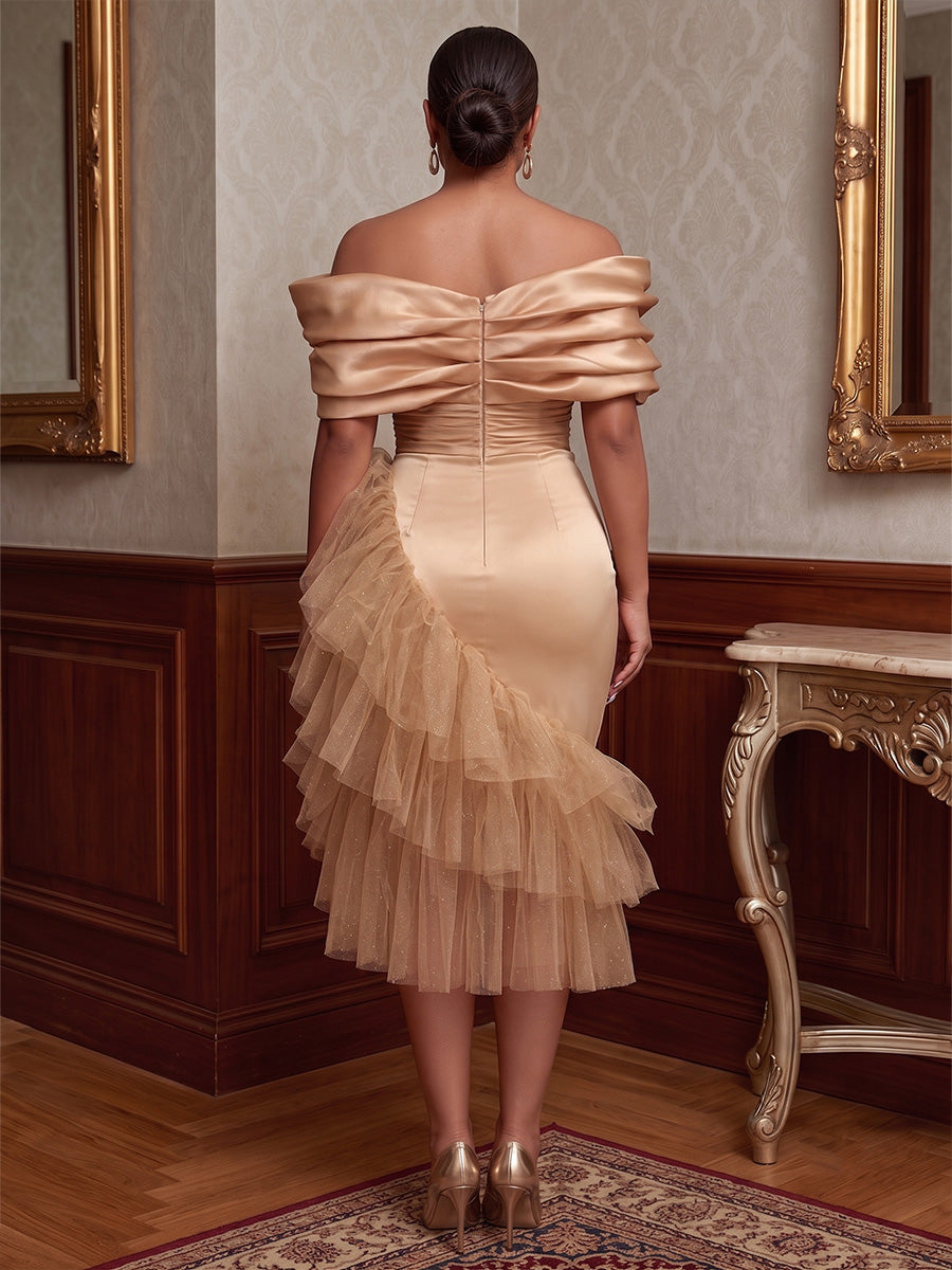 Plus Size A-Line/Princess Off Shoulder Satin Tea-Length Cocktail Dresses with Ruched Bodice, Tiered Layers & Ruffles