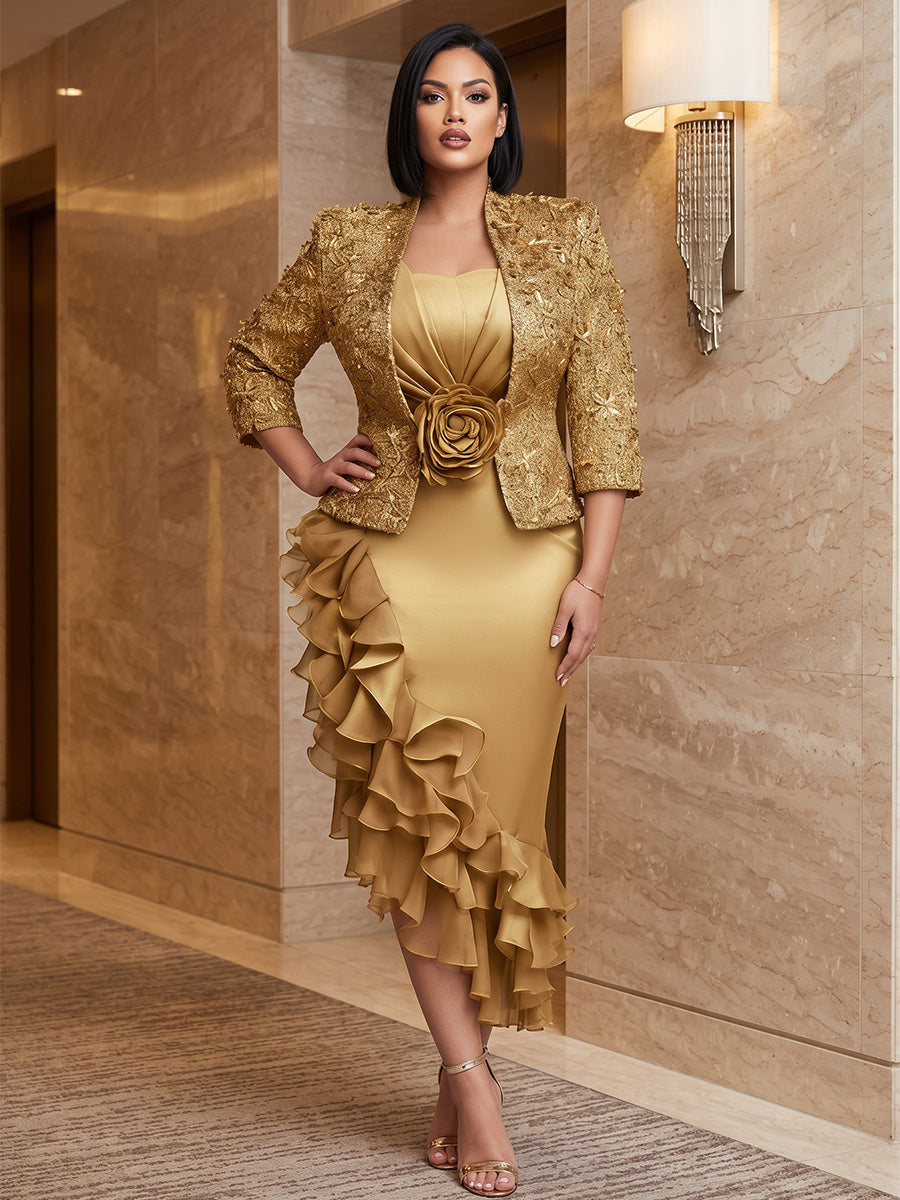 Plus Size Mermaid/Trumpet Square Neck Satin Tea-Length Cocktail Dresses with Bolero Jacket, 3D Flowers, Tiered Layers, Ruffles & Lace Appliques