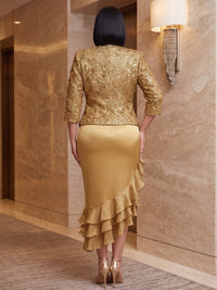 Plus Size Mermaid/Trumpet Square Neck Satin Tea-Length Cocktail Dresses with Bolero Jacket, 3D Flowers, Tiered Layers, Ruffles & Lace Appliques