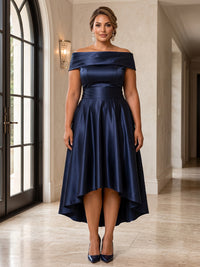 Plus Size A-Line/Princess Off Shoulder Satin High-Low Cocktail Dresses with Pleats