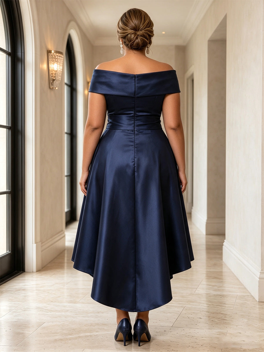 Plus Size A-Line/Princess Off Shoulder Satin High-Low Cocktail Dresses with Pleats