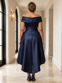 Plus Size A-Line/Princess Off Shoulder Satin High-Low Cocktail Dresses with Pleats