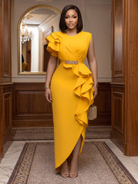 Plus Size Sheath/Column Scoop Neck Stretch Jersey Floor-Length Cocktail Dresses with Tiered Layers & Ruffles