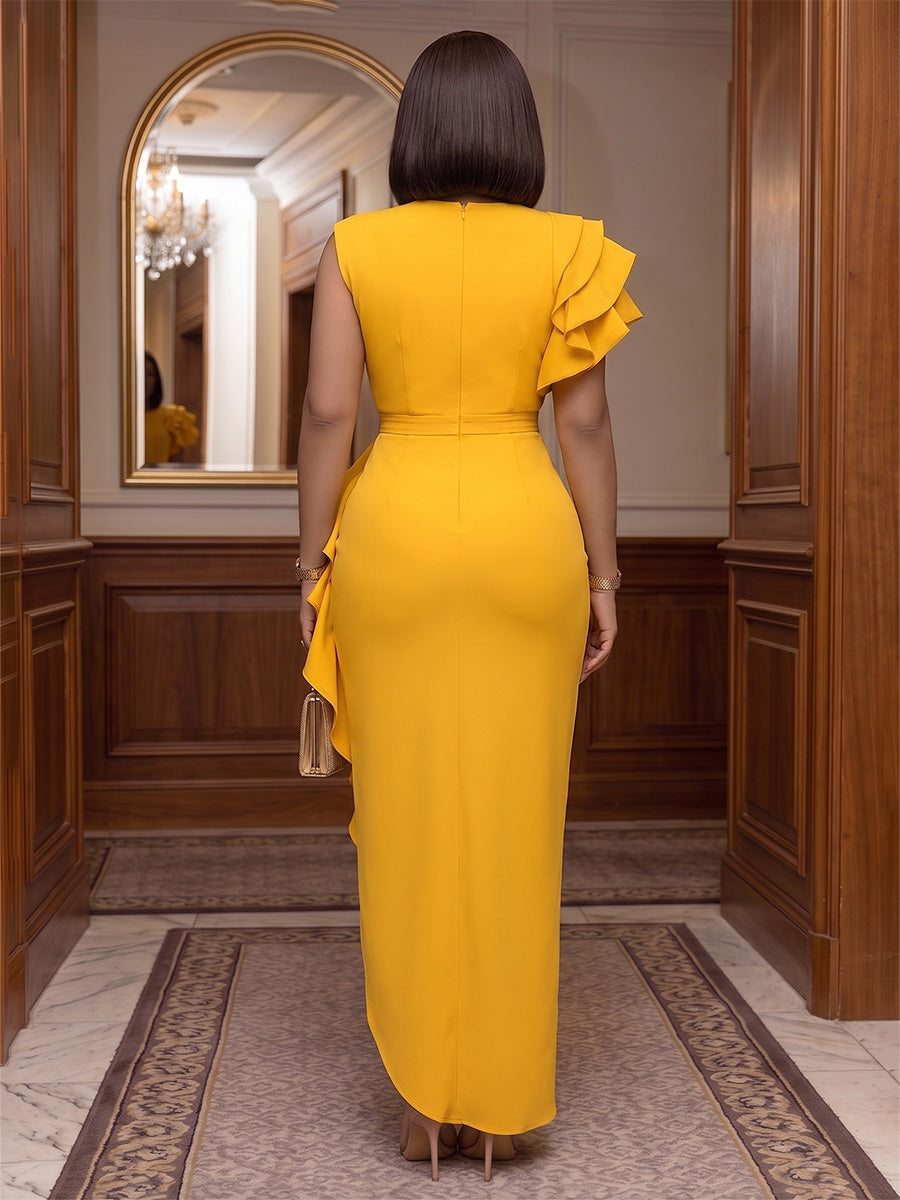 Plus Size Sheath/Column Scoop Neck Stretch Jersey Floor-Length Cocktail Dresses with Tiered Layers & Ruffles