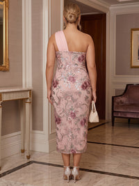 Plus Size Sheath/Column One Shoulder Floral Embroidery Tea-Length Cocktail Dresses with Sequin