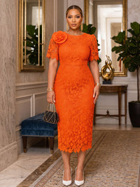Plus Size Sheath/Column Scoop Neck Lace Appliques Tea-Length Cocktail Dresses with 3D Flowers
