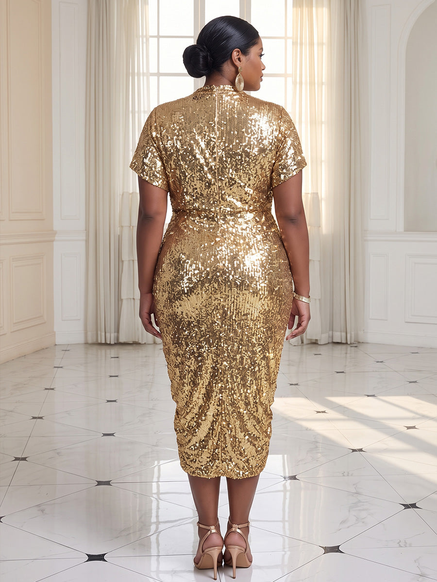 Plus Size Sheath/Column V-Neck Sequin Tea-Length Cocktail Dresses with Ruched Waist