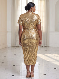 Plus Size Sheath/Column V-Neck Sequin Tea-Length Cocktail Dresses with Ruched Waist