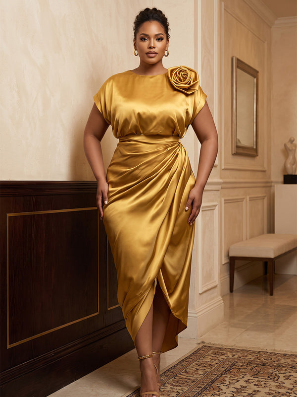 Plus Size Sheath/Column Scoop Neck Satin Tea-Length Cocktail Dresses with Ruched Waist & 3D Flowers