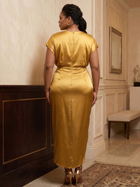 Plus Size Sheath/Column Scoop Neck Satin Tea-Length Cocktail Dresses with Ruched Waist & 3D Flowers