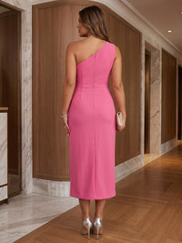 Plus Size Sheath/Column One Shoulder Stretch Jersey Tea-Length Cocktail Dresses with Slit & Bow
