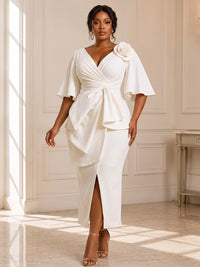 Plus Size Sheath/Column V-Neck Stretch Jersey Tea-Length Cocktail Dresses with 3D Flowers, Ruched Bodice & Slit