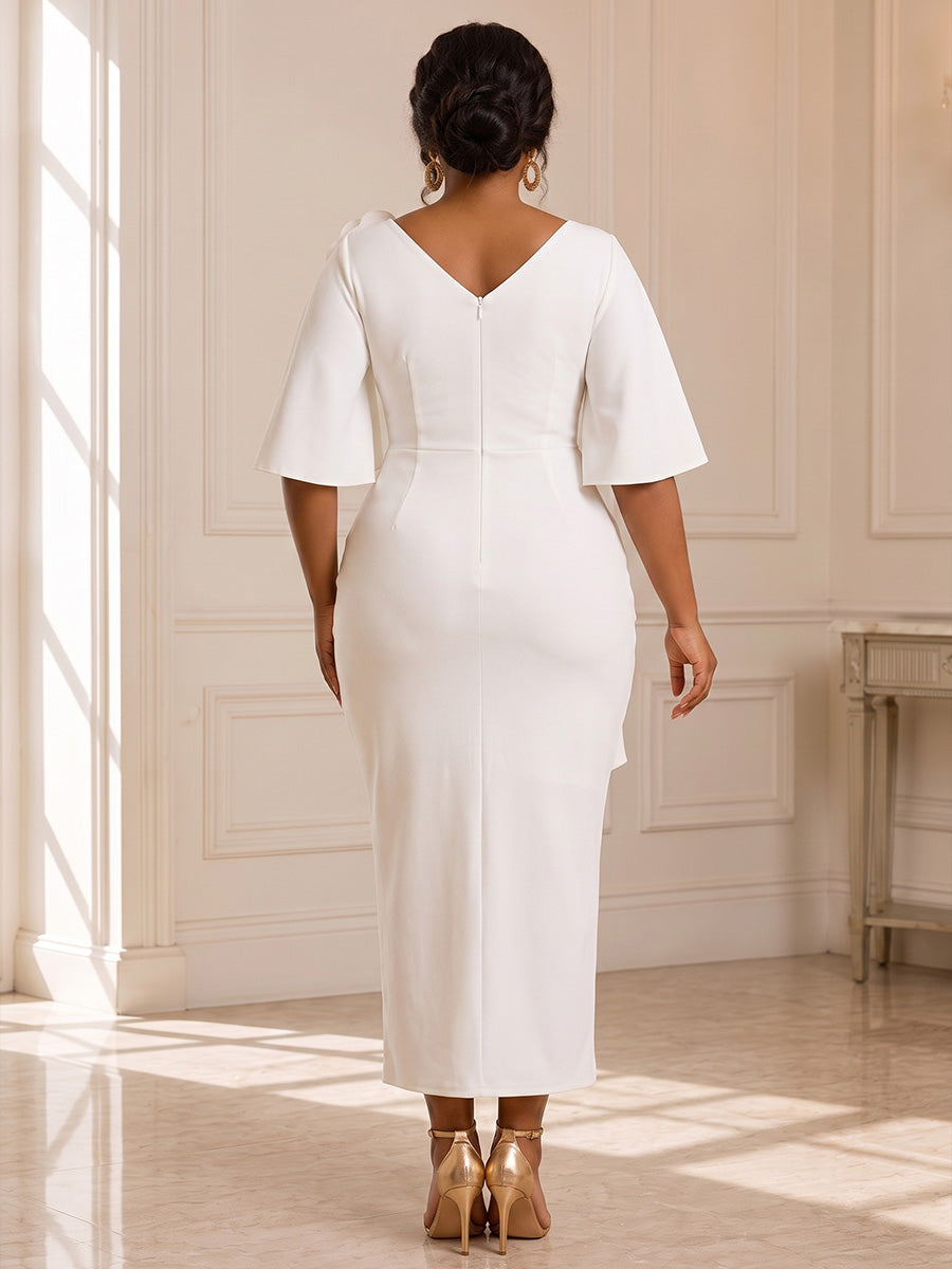 Plus Size Sheath/Column V-Neck Stretch Jersey Tea-Length Cocktail Dresses with 3D Flowers, Ruched Bodice & Slit