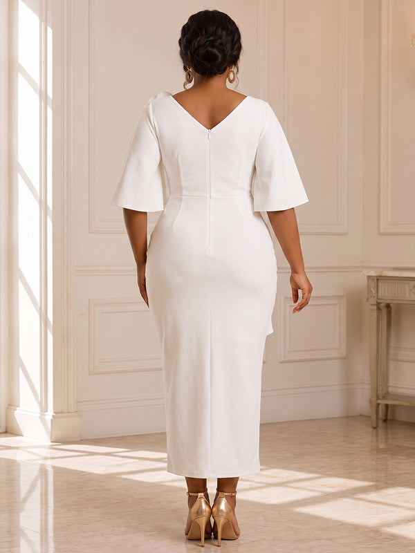 Plus Size Sheath/Column V-Neck Stretch Jersey Tea-Length Cocktail Dresses with 3D Flowers, Ruched Bodice & Slit