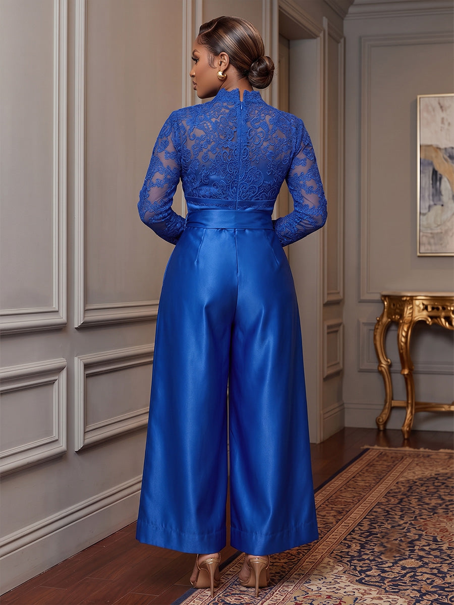 Plus Size Jumpsuit V-Neck Satin Tea-Length Cocktail Jumpsuits with Lace Appliques & Bow