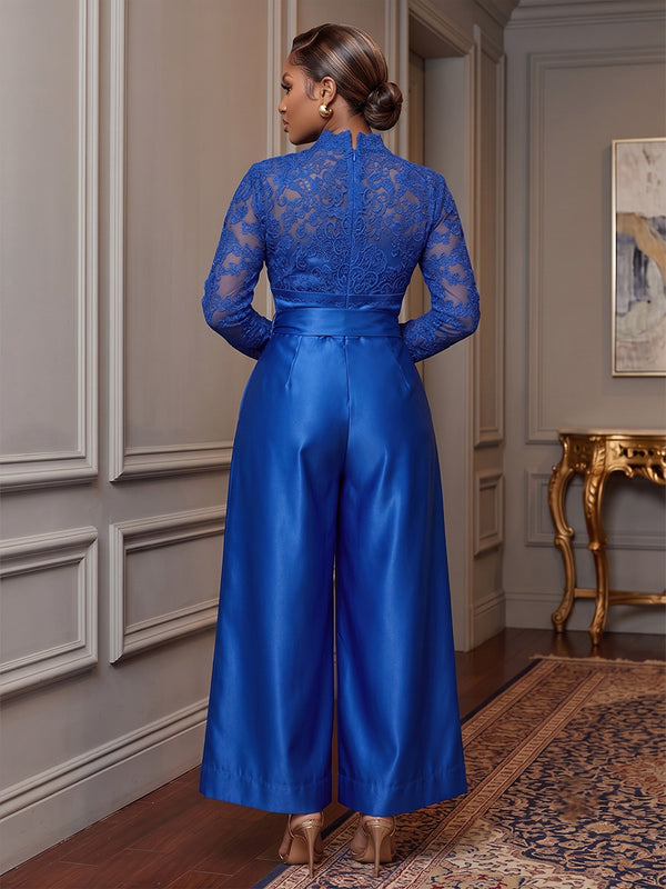 Plus Size Jumpsuit V-Neck Satin Tea-Length Cocktail Jumpsuits with Lace Appliques & Bow