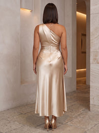 Plus Size A-Line/Princess One Shoulder Satin Tea-Length Cocktail Dresses with Sash & Ruched Bodice